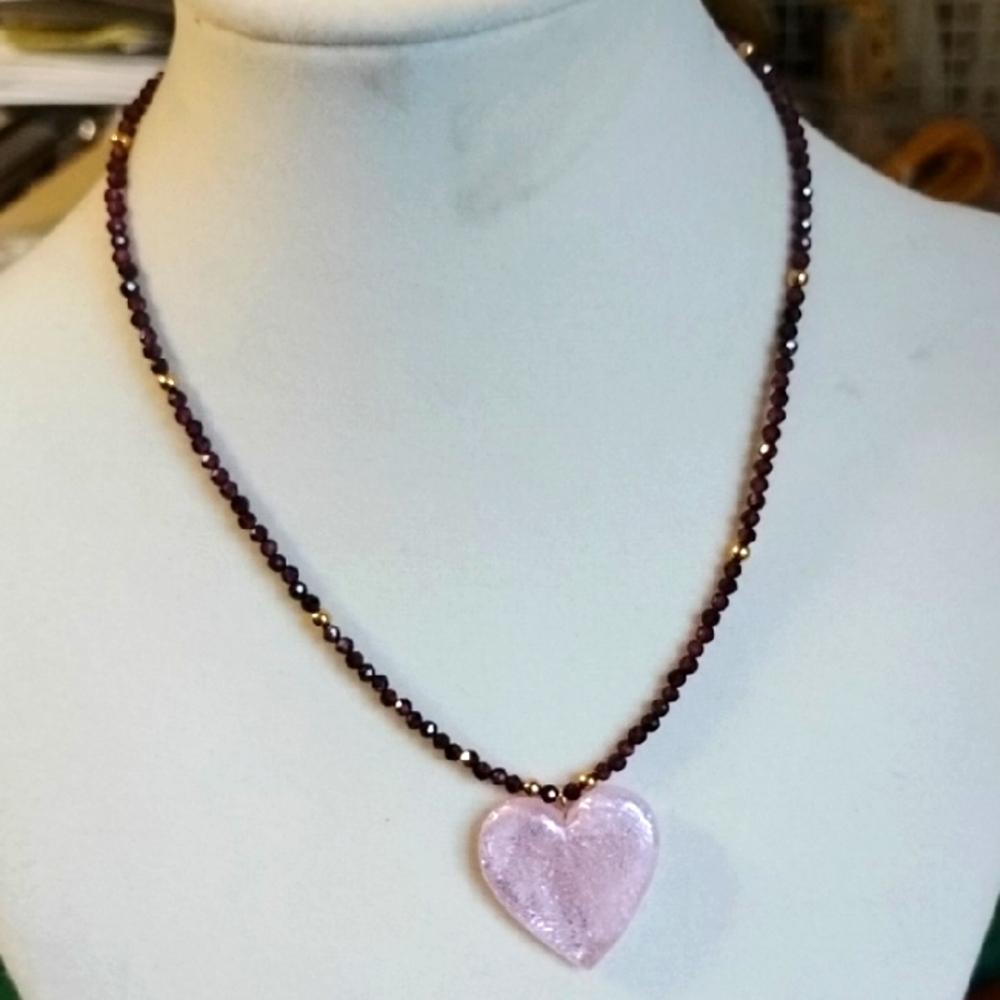 🩷Hand Crafted Pink Heart With Faceted Rhodolite Garnet Necklace🩷